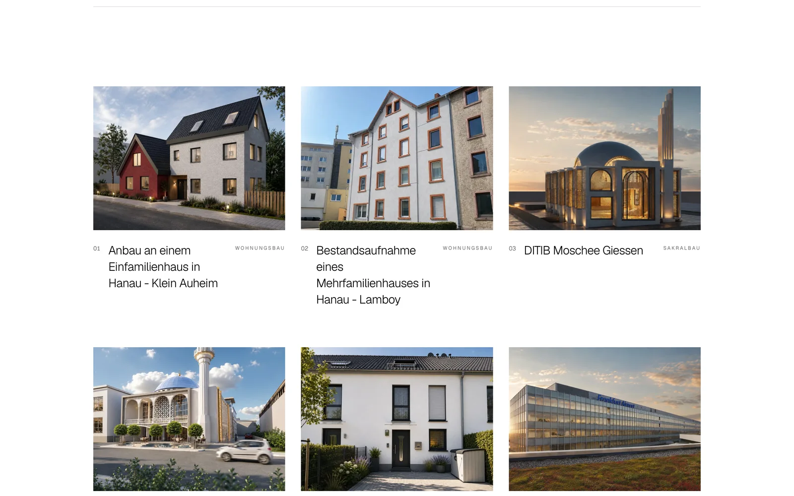 The FT Architektur project index: a grid of architectural photography — houses, an apartment block and a mosque — each captioned with its project name and building category.