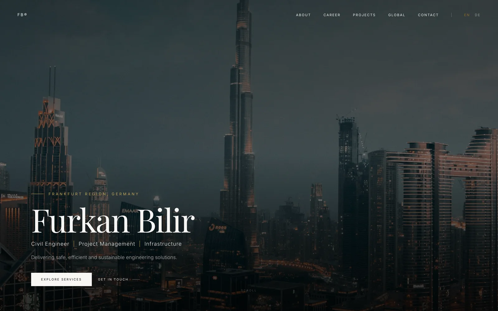 The Furkan Bilir homepage: his name set large in a serif over a dusk city skyline, with the disciplines Civil Engineer, Project Management and Infrastructure beneath.