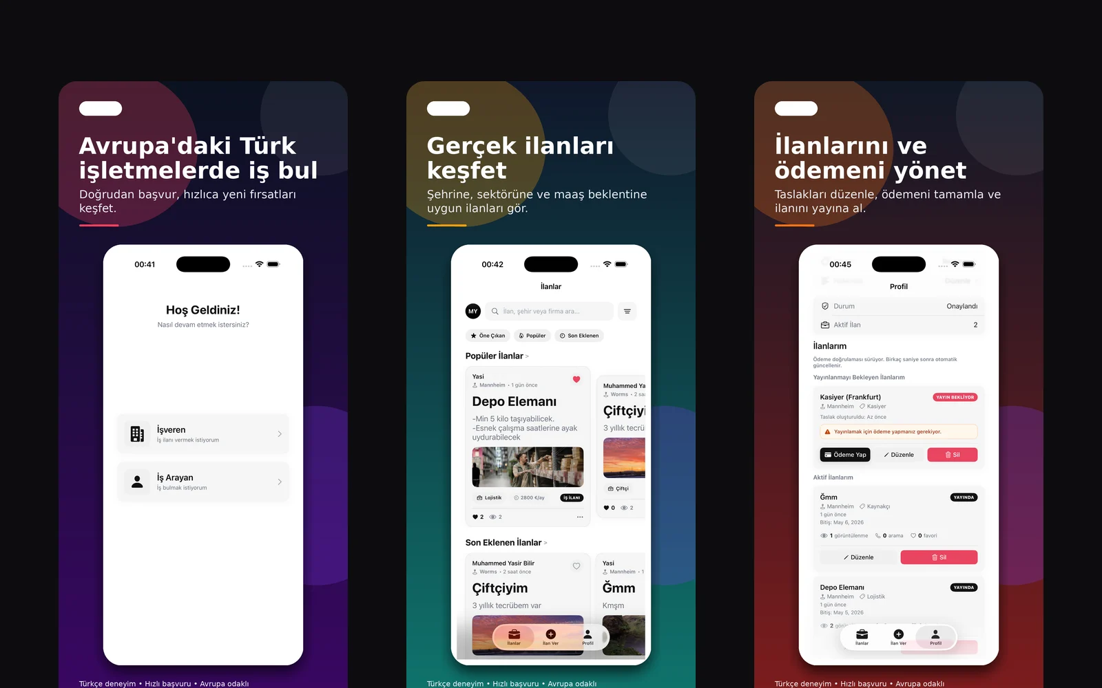 Three screens from the GurJob iOS app: choosing between employer and job seeker, browsing listings, and managing a published listing.